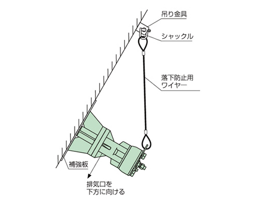 ノッカー取り付け時の安全ワイヤーによる落下防止策の例